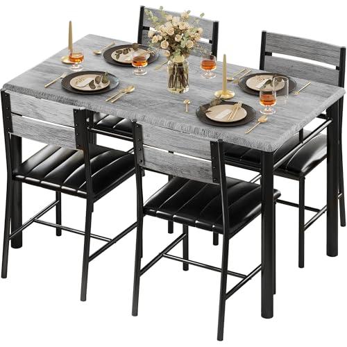 IRONCK Dining Table Set for 4, Wood Kitchen Table with Upholstered Chairs Dinning Table Set for Kitchen & Dining Room, Compact Dining Set for Small Spaces (Grey)