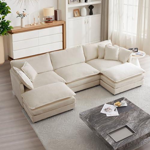 mikibama Modular Sectional Sofa, 111.5 Inch U Shaped Couch Set for Living Room, 3-Seater Comfy Cloud Couches with Movable Ottoman, DIY Combination, Chenille, Light Coffee