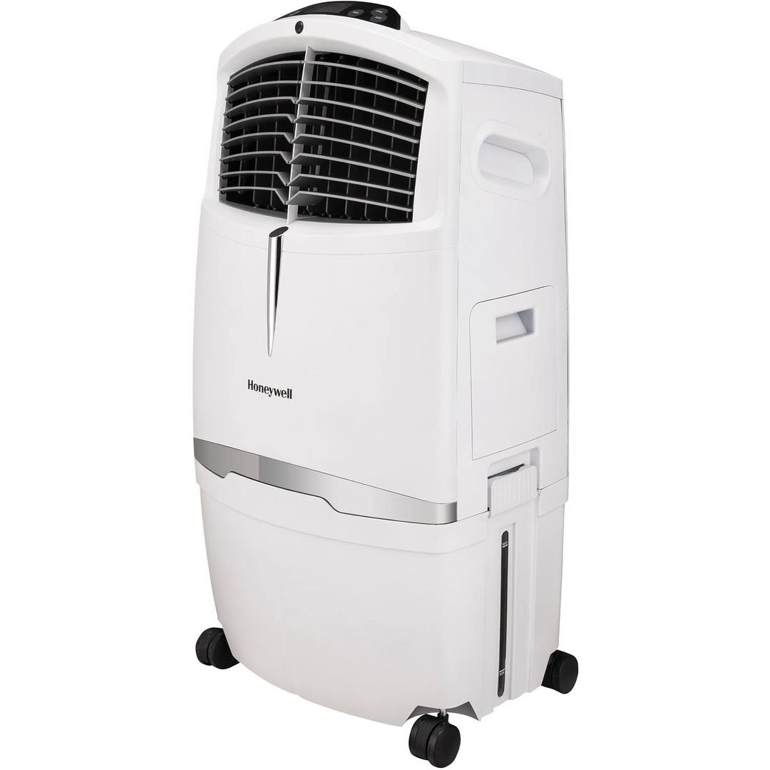 Honeywell Indoor Portable Evaporative Air Cooler for Living Room, Basement, Office, Play Area, 115V, Rooms Up to 320 Sq. Ft., 525 CFM, with Ice Compartment, Remote, Fan, and Humidifier, White