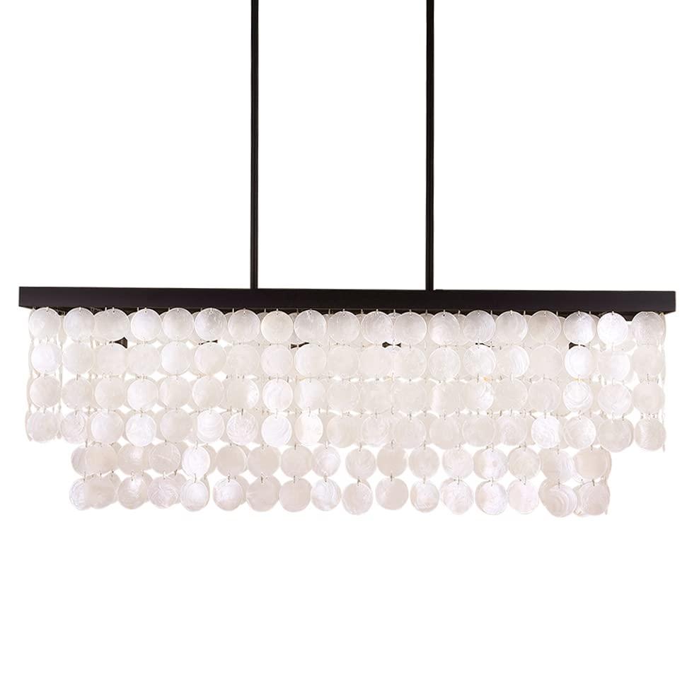 TOCHICRectangular Capiz Shell Chandelier, Coastal Beach Lighting 6 Lights, Modern Black Chandelier Shell Pendant Light for Kitchen Island, Dining Rooms, 2 Tier, 39.3" L