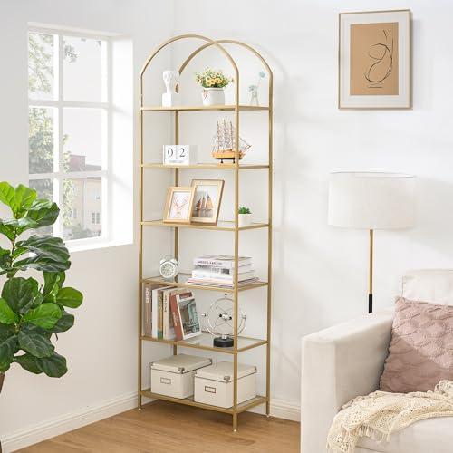 Homhedy 6-Tier Bookshelf Arched Display Racks, Metal Bookcase, Tempered Glass Shelves, Storage Rack Shelf for Home Office, Living Room, Bedroom, Bathroom, Modern Style, Golden