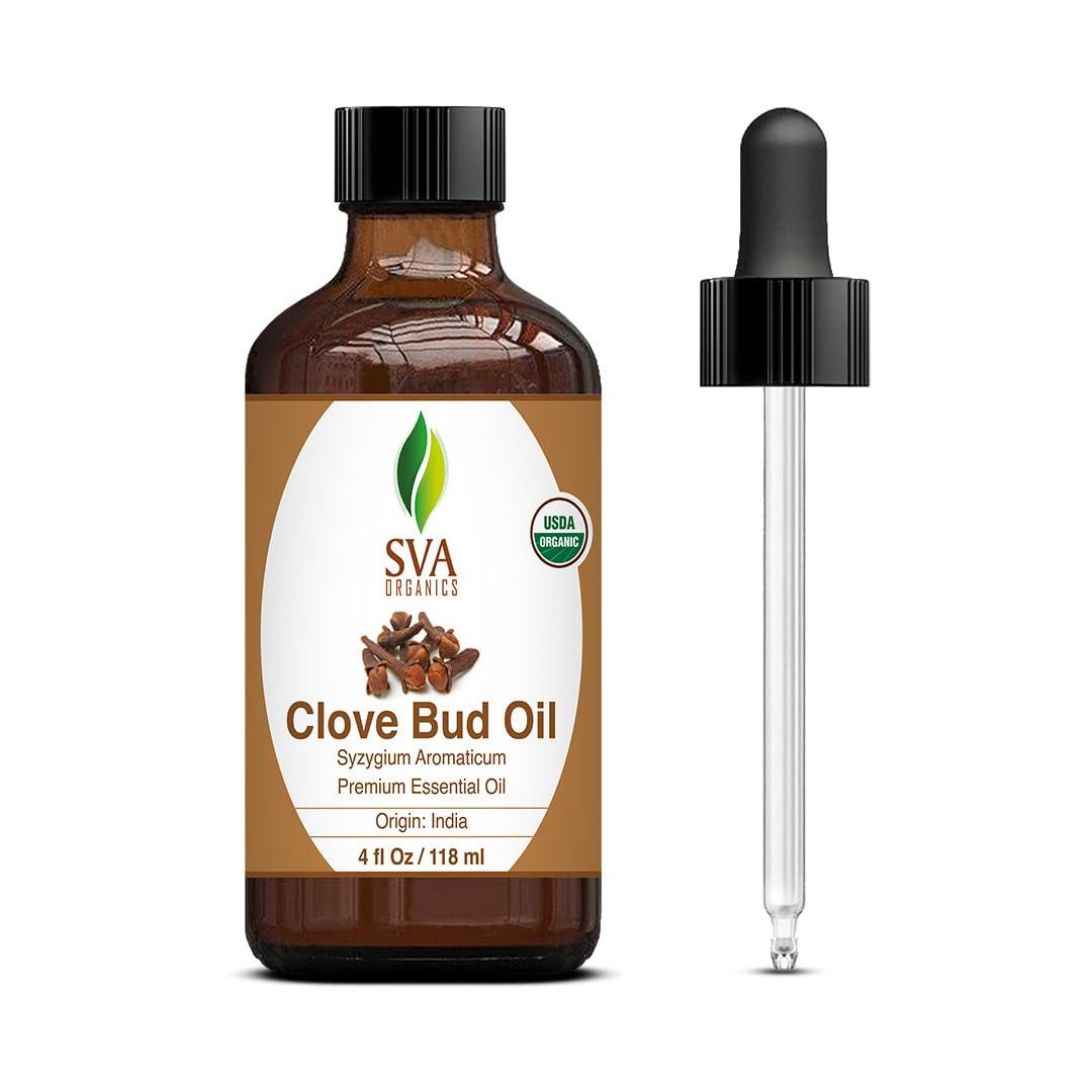 SVA Clove Bud Essential Oil Organic – 4 Fl Oz – 100% Natural Organic Clove Oil - for Diffuser, Hair Care, Face, Skin Care, Aromatherapy, Scalp and Body Massage, Soap and Candle Making - with Dropper