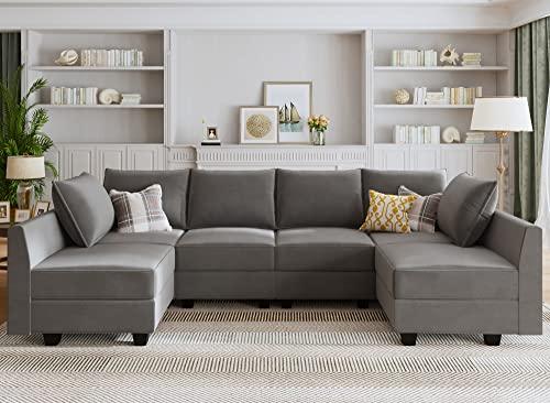 HONBAYConvertible Sectional Sofa Velvet U Shaped Couch with Reversible Chaise Modular Sectional Couch 6 Seater Sofa with Storage Seat, Grey