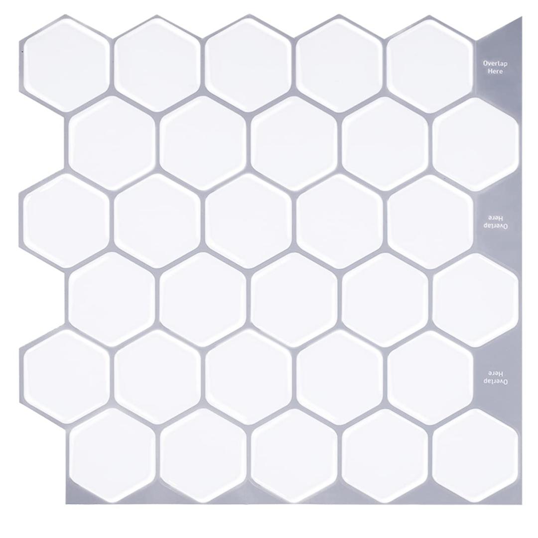 White 3D Hexagonal Peel and Stick Wall Tiles, 10 Sheets, Waterproof, Self Adhesive Backsplash for Kitchen and Bathroom (10 sq ft)