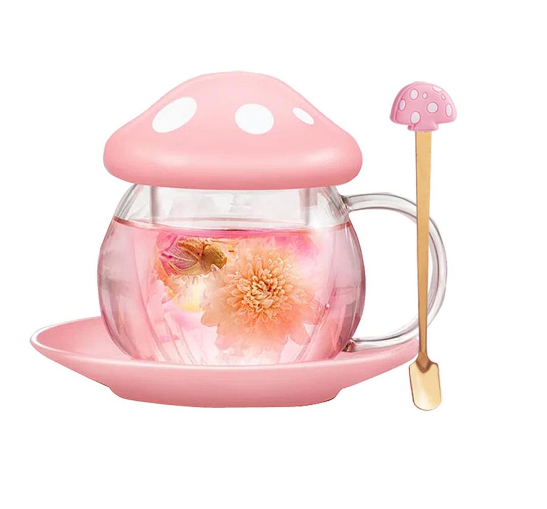 Cute Cups Mushroom Tea Cup with Infuser and Lid, Kawaii Glass Tea Cups and Saucers, 290ML Mushroom Mugs with spoon, Present for Christmas, Perfect for Girls Women for Home and Office Use 9.6oz (Pink)