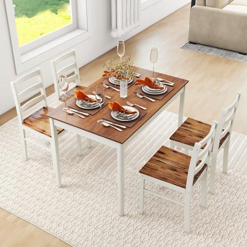 Tangkula Dining Table Set for 4, Solid Wood, Farmhouse Dinette Set w/Rubber Wood Legs, Mid-Century Modern Dining Table and Chairs Set for Kitchen, Dining Room (Brown+White)