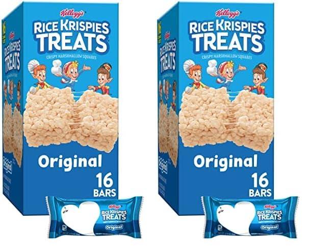 Rice Krispies Treats Crispy Marshmallow Squares, Kids Snacks, Snack Bars, Original, 12.4oz Box (16 Bars) (Pack of 2)