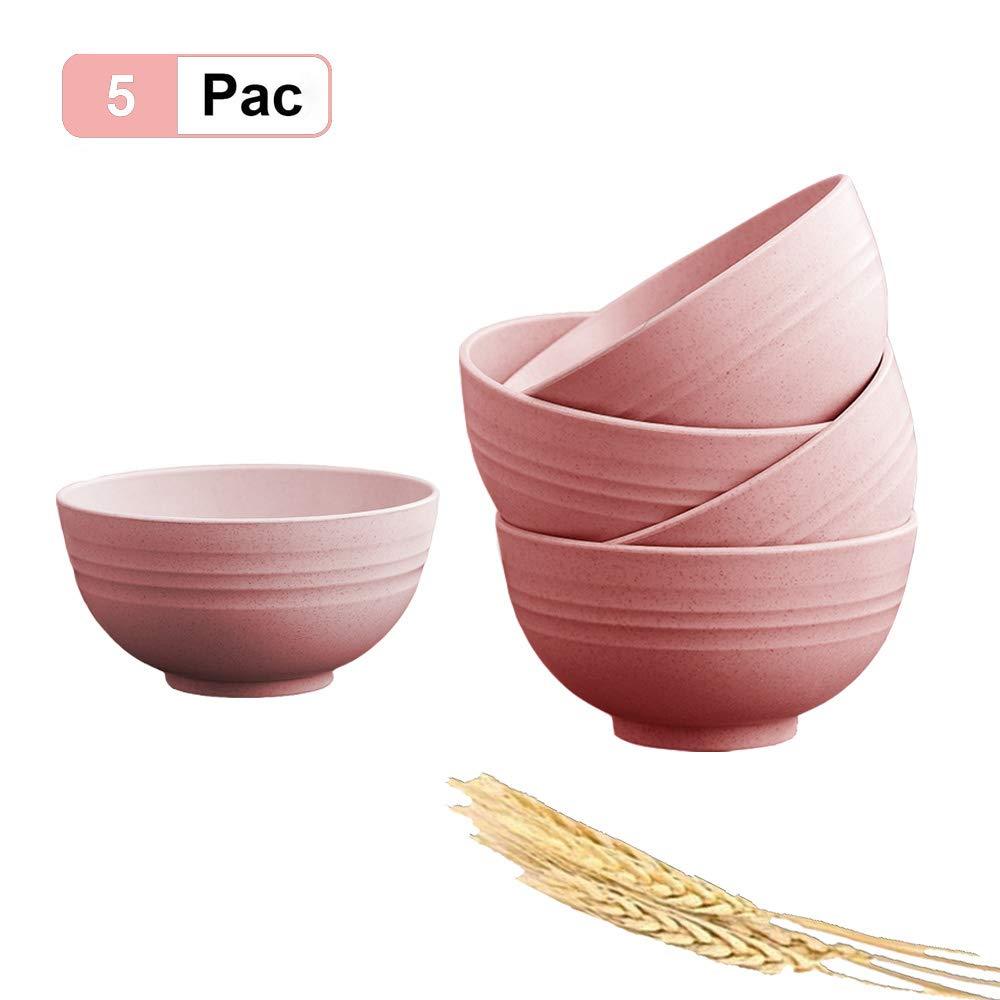 Lnrkai 5 PCS Cereal Bowls Pasta Bowls, 24 OZ Unbreakable Wheat Straw Bowls Lightweight Durable Snack Bowls Dishwasher & Microwave Safe Bowls for Adult, Rice, Soup (Pink)