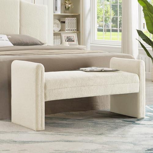 24KF Modern Boucle Teddy Lovely Bench, Upholstered Bed Bench Entryway Bench Ottoman with Armrest -Cream