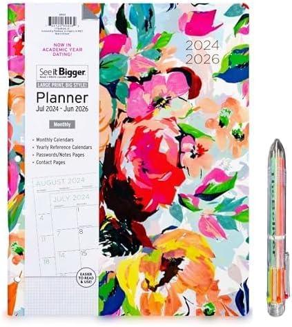 July 2024 - June 2026 Monthly Planner, Specialized Large Print, Size 8.5'' X 11'', Assorted Covers and BallPoint Crystal Diamond Pen.