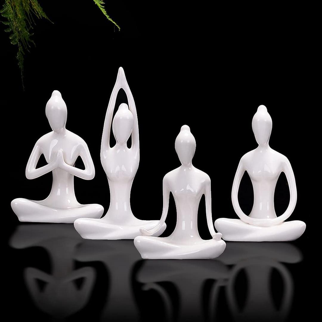 OwMell Lot of 4 Meditation Yoga Pose Statue Figurine Ceramic Yoga Figure Set Decor - White