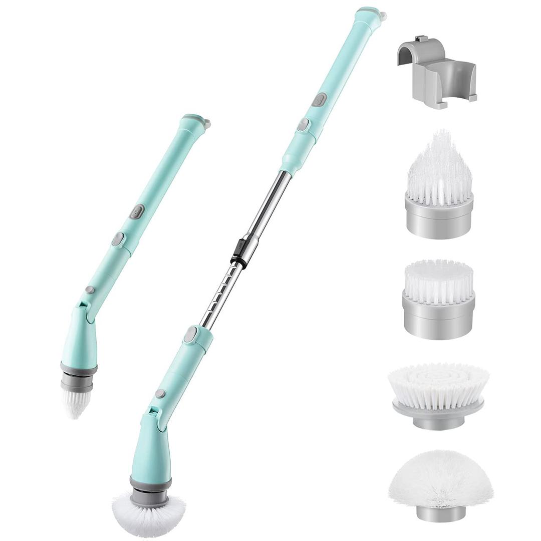 NASEC Spin Floor Electric, Cordless Shower Brush, Power Scrubbers Bathroom Surface Cleaner with 3 Replaceable Heads and Adjustable Extension Handle for Tile, Grout, Bathtub, Kitchen, Yellow and Blue