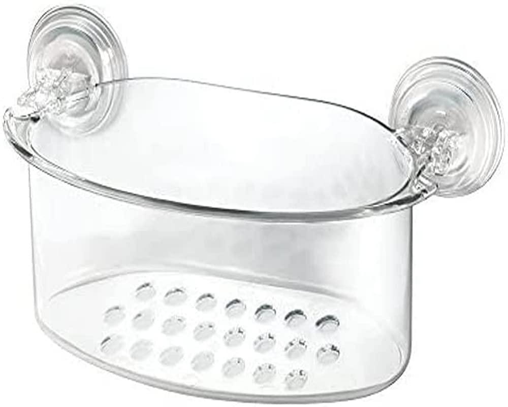 iDesign 52320 Power Lock Shower Storage Basket, Plastic Shower Tray with Strong Suction Cups, Clear, Small