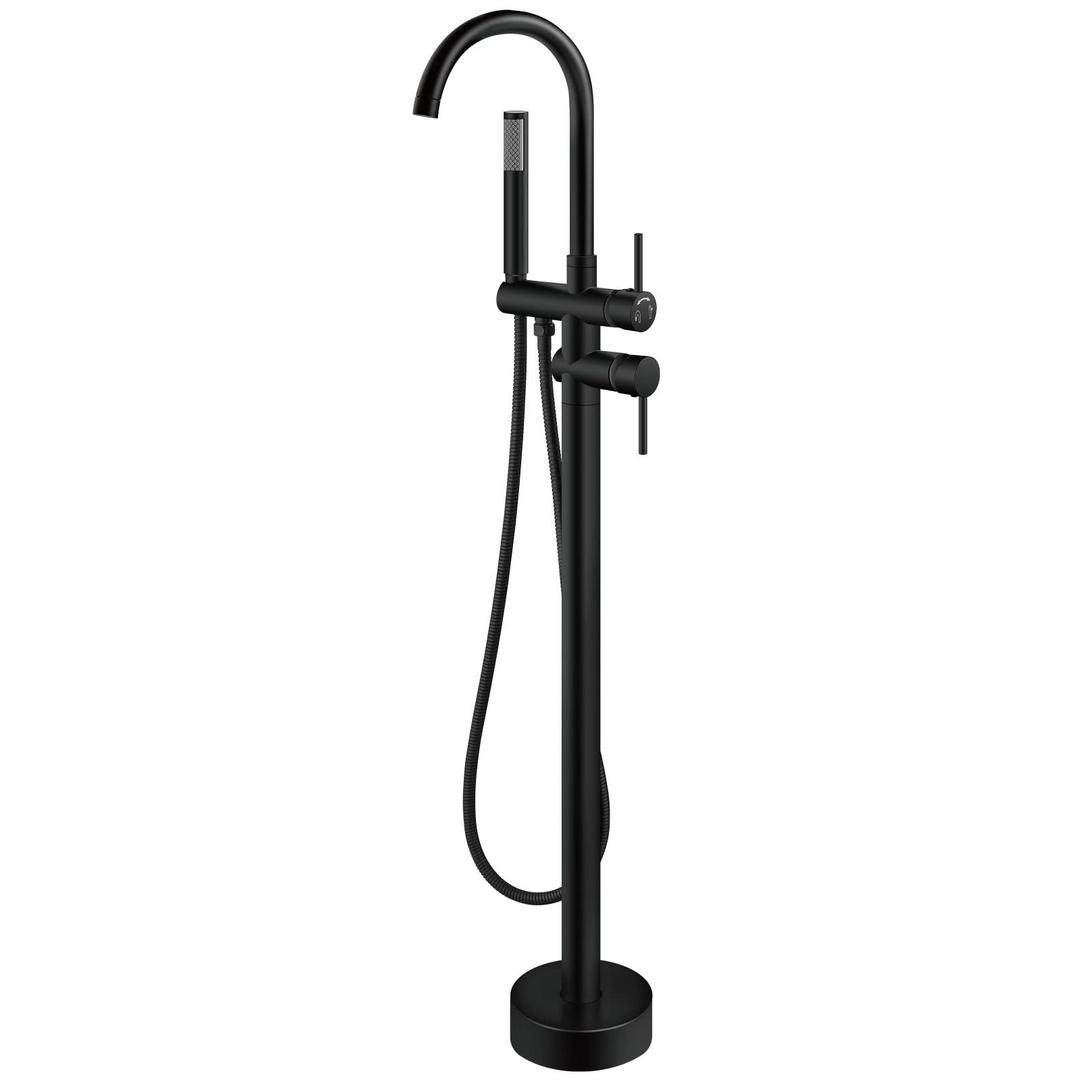 Aolemi Floor Mount Bathtub Faucet Freestanding Tub Filler Standing High Flow Shower Faucets Shower Mixer Taps, Swivel Gooseneck Spout with Cylinder Handheld Matte Black