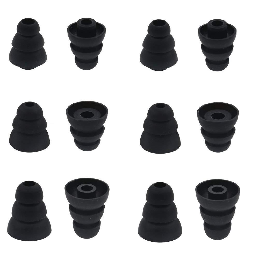 6 Pairs Replacement Triple Flange Conical Ear Tips Earbuds Eartips Silicone Buds for Most in Ear Headphones (Sony Senso Powerbeats Jaybird etc.) Black [S/M/L 3 Size] (3flange Tips 3)