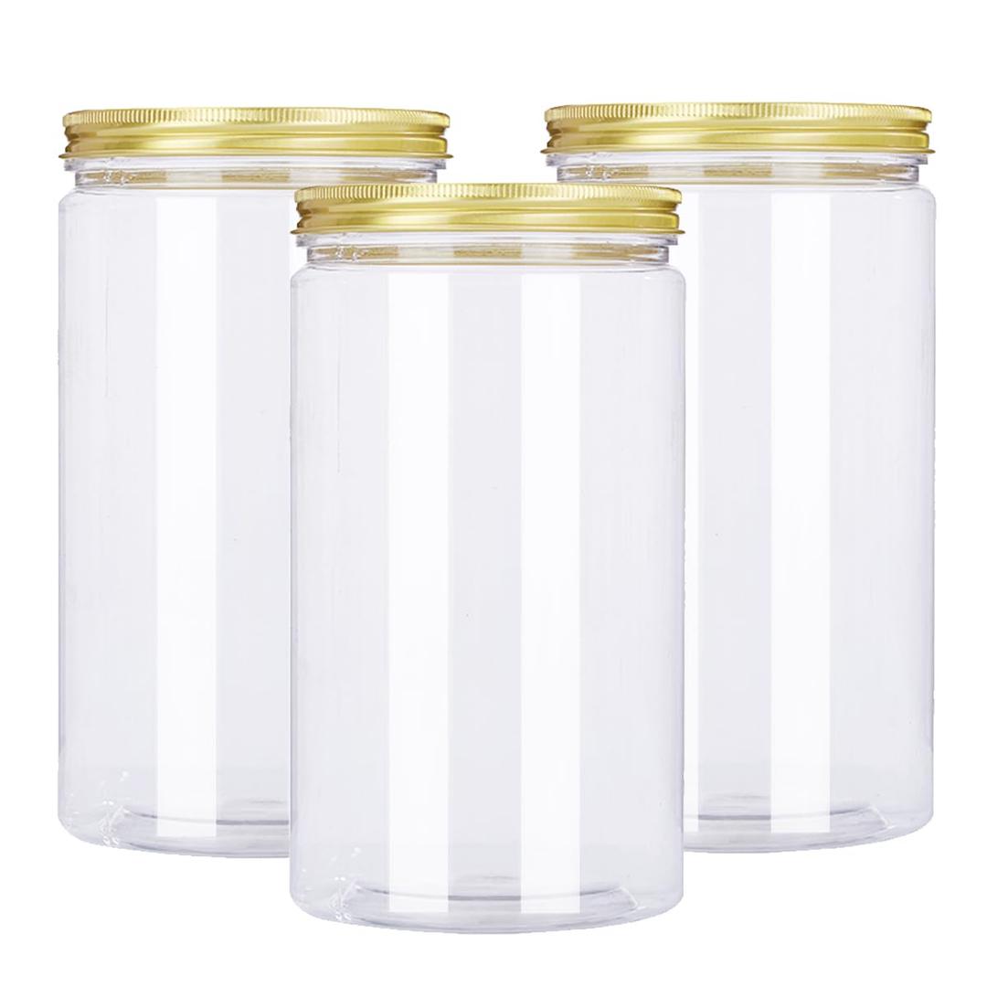 ECVV Empty Bottle Refillable Clear Plastic Jars with Gold Lids for Food Home Storage Products Round Containers Candy | Spices | Buiscuts | 850ml | 3 Pieces |