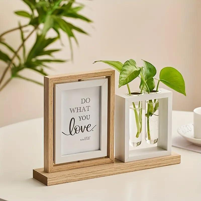 Amazon Brand – Umi Wooden Photo Frame Double-Sided Display with Hydroponics Glass Vase Desktop Tabletop Rotating Floating Photo Frame For Home Decor Office Desk Reception Tables Decoration (4x6 in)