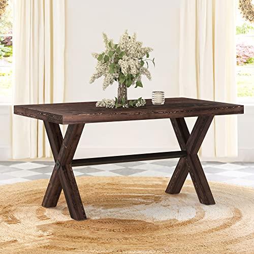 LUE BONA 59 inch Dining Table for 6-8, Solid Wood Farmhouse Kitchen Table with Natural Wood Grain, Heavy Duty Rectangular Kitchen Dining Table for Home and Dining Room, Dark Brown