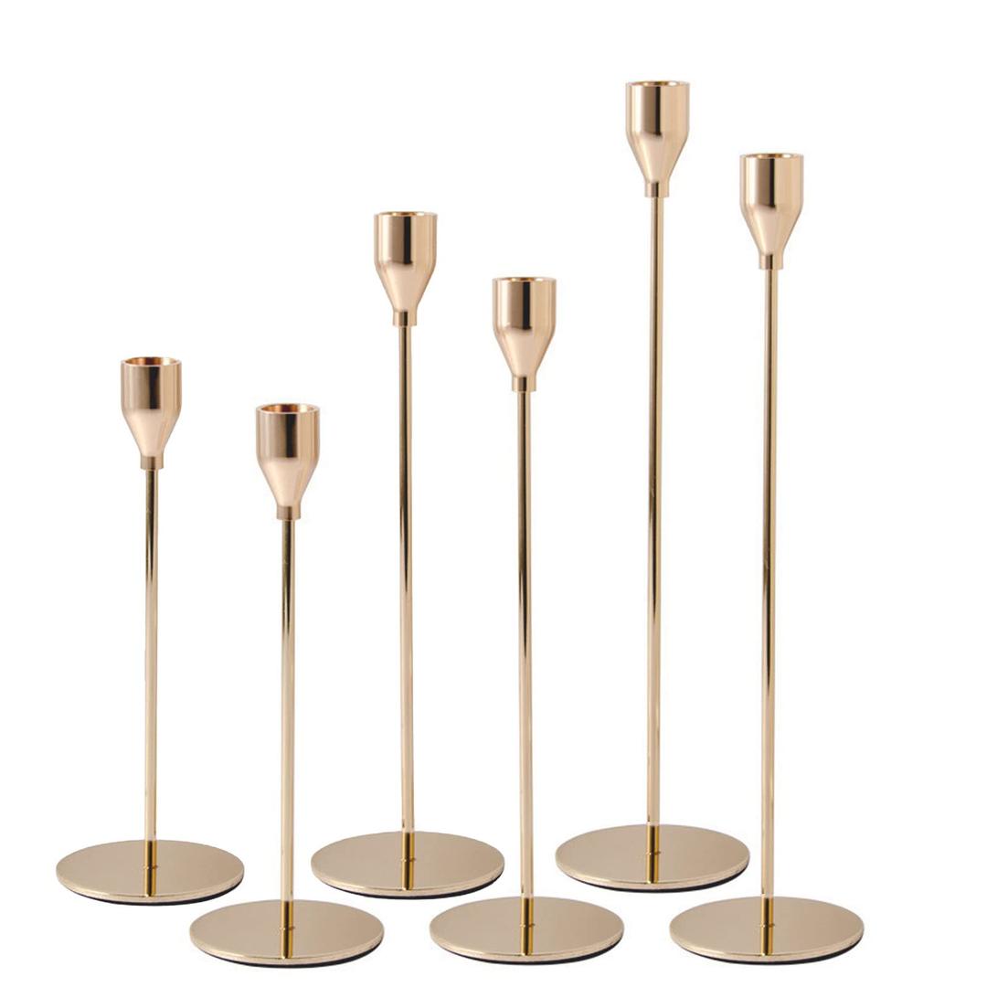 6Pcs French Honey Gold Candlestick Holders, Tall Taper Candelabra Stands fits 3/4 inch Thick Pillar Candle Stick, Elegant Decor Set for Table Centerpiece, Floor, Fireplace as Date, Festival, Fitting.