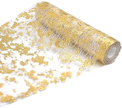 DROMCOM Gold Table Runner, Glitter Metallic Gold Foil Thin Mesh Table Runner Roll 11 Inch x 20 Feet Event Party Supplies Fabric Table Decorations for Wedding, Baby Shower, Birthday, Banquet, Christmas