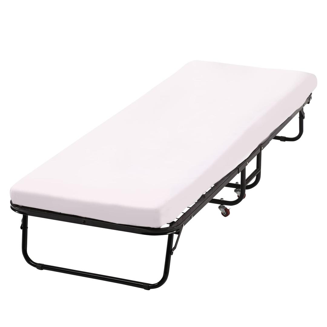 Folding Guest Bed with Wheels Guest Beds Portable Beds Extra Roll Away Foldaway 3.9 Inch Comfort Foam Mattress Strong Sturdy Frame Heavy Duty L75*W30*H12 Inches，White