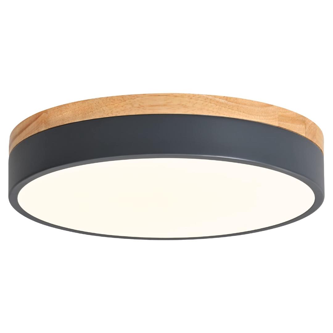 Dimmable Wood LED Flush Mount Ceiling Light, 5CCT 2700K-6000K Modern Round Close to Ceiling Lighting Fixtures, Minimalist Grey Ceiling Lamp for Bedroom, Kitchen, Laundry Room, Hallway