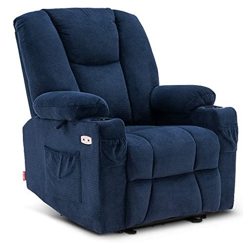 MCombo Fabric Electric Power Recliner Chair with Heat and Massage, Cup Holders, USB Charge Ports, Extended Footrest, Cloth Powered Reclining for Living Room 8015 (Navy Blue, Single Recliner)