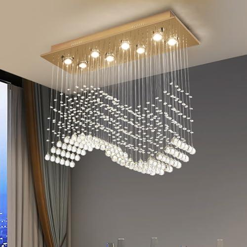 Siljoy Modern Wave Raindrop Crystal Chandelier 8 Lights Gold Rectangular Flush Mount Crystal Pendant Ceiling Light for Dining Room Living Room Kitchen Island L31.5 Inch