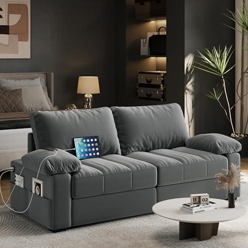 Yaheetech79" Sofa Couch Modern Velvet Couch with Removable Covers & USB Ports Oversized Loveseat Sofas with Storage Pockets for Living Room Bedroom Apartment Gray