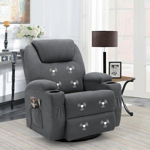 Flamaker Rocking Chair Recliner Chair with Massage Swivel Ergonomic Lounge Chair Classic Single Sofa with 2 Cup Holders Side Pockets Living Room Chair Home Theater Seat (Gray)