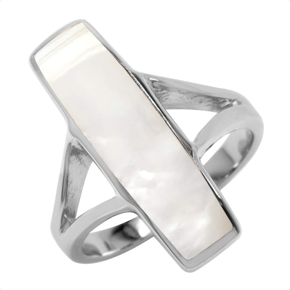 SilvershakeLong Bar Linear Inlay White Gold Plated 925 Sterling Silver Ring