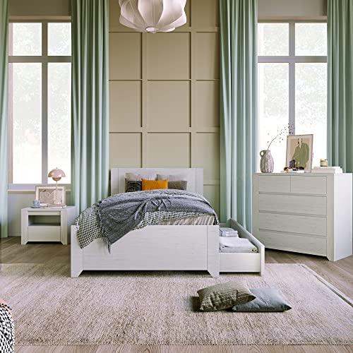 Merax Modern Farmhouse 3 Pieces Solid Wood Bedroom Furniture Set with Twin Bed, Closet Chest, Night Stand, Easy Assemble, Space Saving, Off White