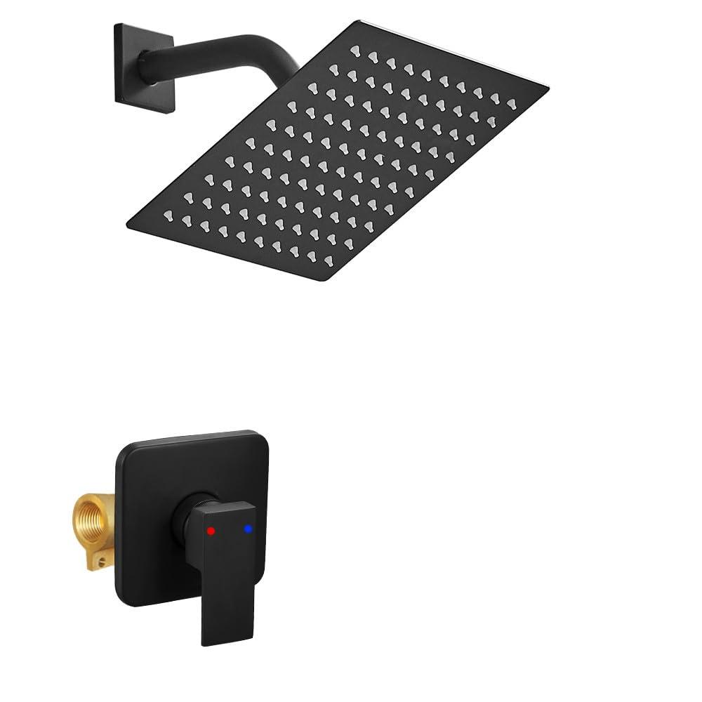 Shower Faucet Set Matte Black, Bathroom Rainfall Shower System with Stainless Steel Shower Head Rain Shower Set, Single Function Shower Trim Kit with Rough-in Valve