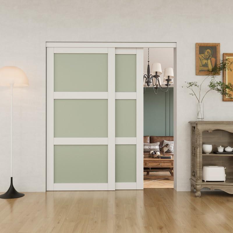 72" x 80'' Sliding Closet Door, Fingerprint-Resistant 3-Lite Tempered Frosted Glass with Good Privacy & Water-Resistant Frame (Easily Assembled Double 37'' Panels & Quick Installation)