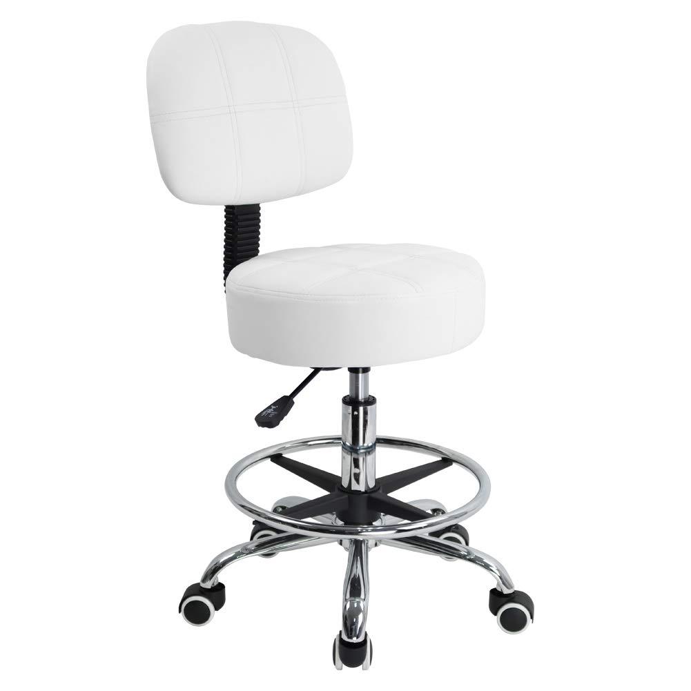 KKTONER Swivel Round Rolling Stool PU Leather with Adjustable Foot Rest Height Adjustable Task Work Drafting Chair with Back(White)