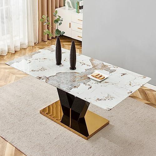 Marble Dining Table,Modern Dining Room Table with Golden Stainless Steel Base.Marble Kitchen Table for 8 People,71'' Gold Dining Table Ideal for Living Room Home Office