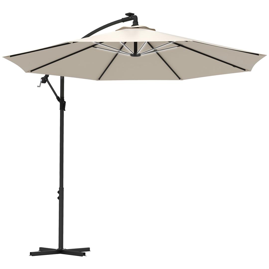 Outsunny 3(m) Banana Cantilever Parasol with Solar LED Lights, Garden Umbrella with Cross Base and Crank Handle, Hanging Offset Sun Shade for Outdoor, Patio