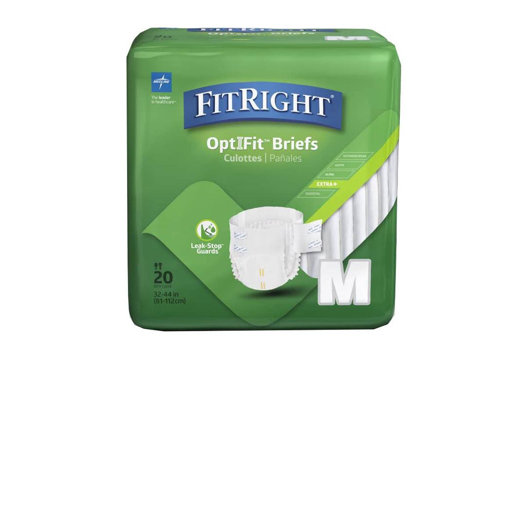 Medline FitRight OptiFit Extra+ Adult Diapers with leak stop guards, Disposable Incontinence Briefs with Tabs, Moderate Absorbency, Medium, 32"-44", 20 Count