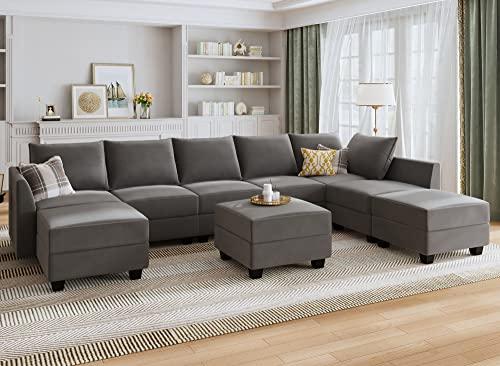 HONBAY Modular Sectional Sofa Set Oversized U Shaped Couch with Storage Ottoman Convertible Sleeper Sectional Sofa Velvet Modular Couch with Wide Chaise, Grey