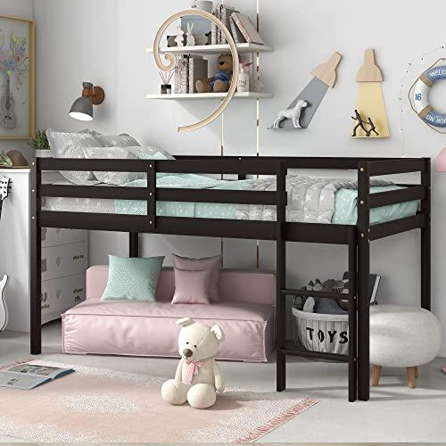 Loft Bed Frame with Ladder,Solid Wood Low Loft Twin Bed,Twin Size Bed,Loft Bed Twin for Boys Girls,No Box Spring Needed,Easy to Assembly (Espresso)