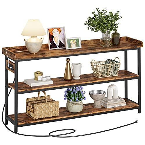 IRONCK Console Table, Sofa Table with Power Outlet, Farmhouse Hallway Table for Entryway, Living Room, Height Adjustable, Easy Assembly, Rustic Brown,55"