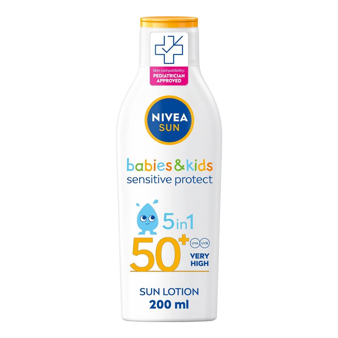 NIVEASUN Kids Protect & Sensitive Sun Lotion (200ml) Sunscreen with SPF 50+, Kids Suncream for Sensitive Skin, Immediately Protects Against Sun Exposure