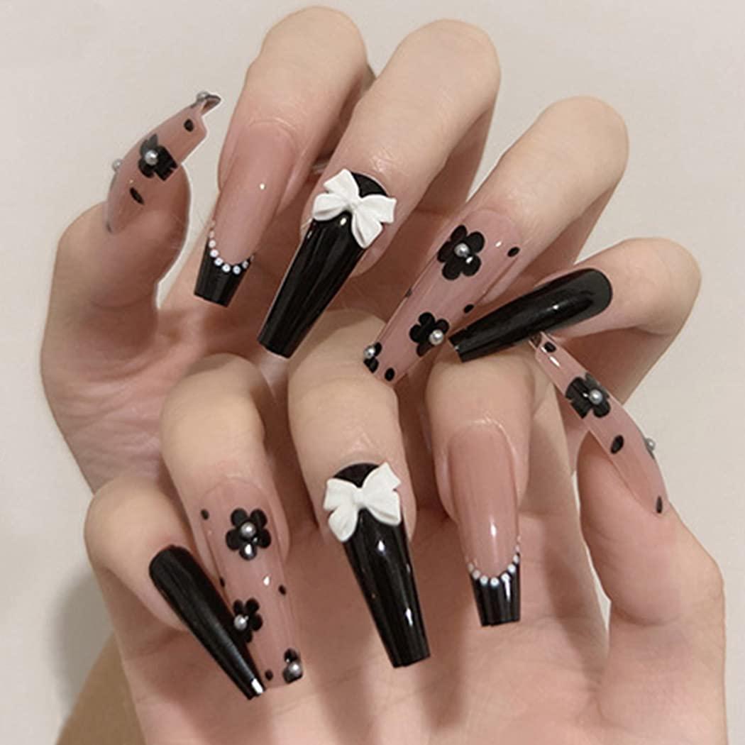 Cute Long Coffin Press on Nails Black Glossy Fake Nails Design Flower Bow French False Nails Tips Ballerina Full Cover Halloween Artificial Stick on Nails for Women 24Pcs (Style C)