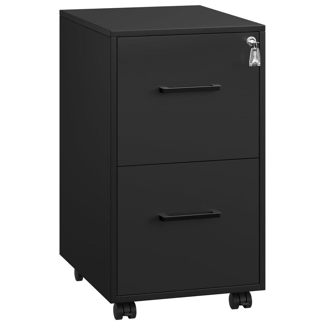 SONGMICS File Cabinet, Pre-Assembled Except Wheels and Handles, Office Filing Cabinet with Lock, for A4, Legal, Letter Sized Documents, 17.7 x 14.4 x 25.4 Inches, Matte Black UOFC112B01