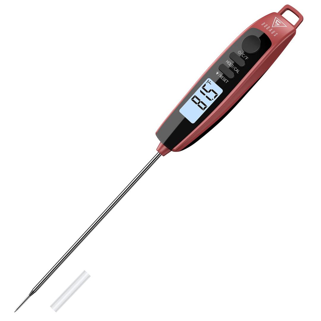 DOQAUS Digital Meat Thermometer, Instant Read Food Thermometer for Cooking Kitchen Candy with Super Long Probe for Turkey Grill Water Oil Deep Fry - Red