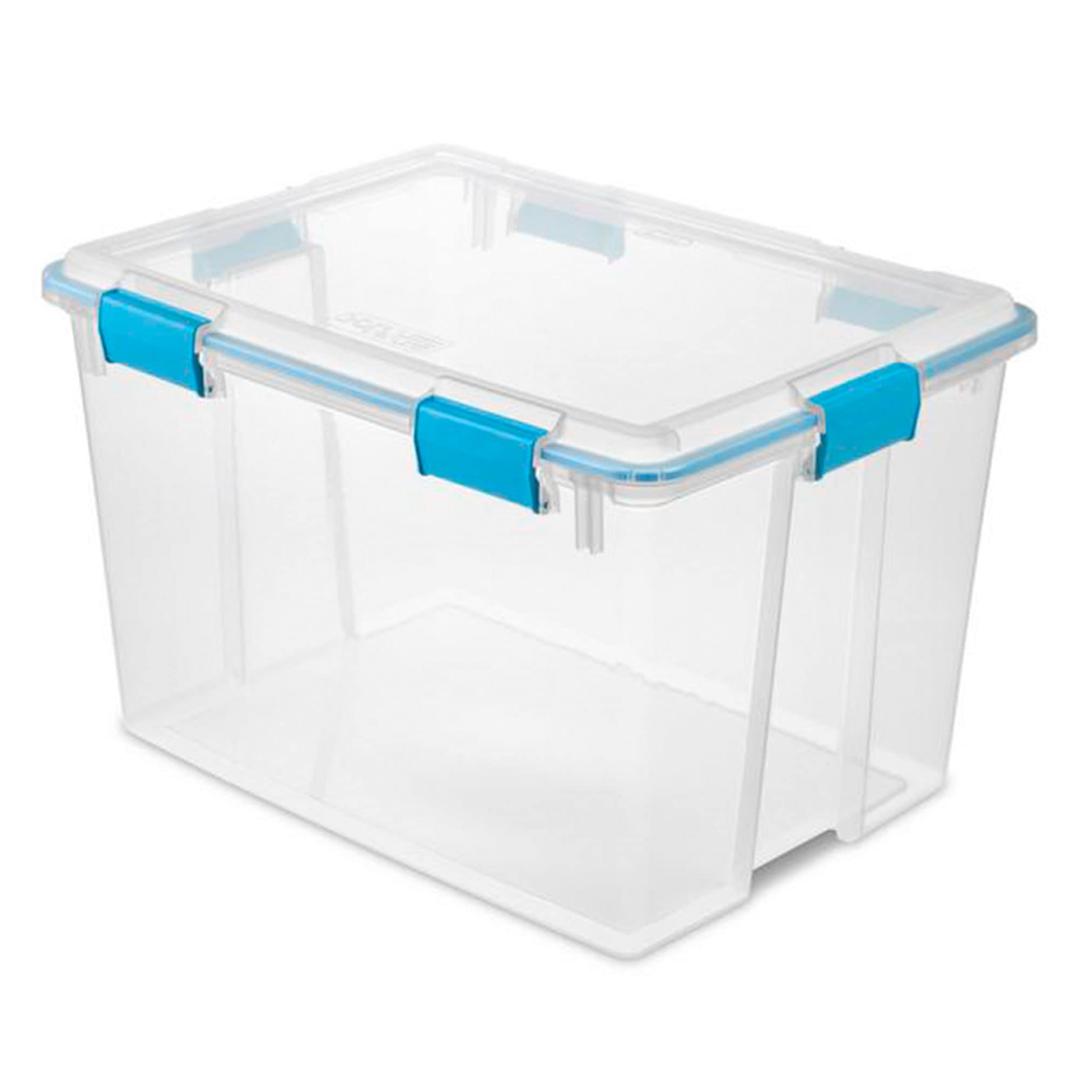 Sterilite 80 Qt Gasket Box, Stackable Storage Bin with Latching Lid and Tight Seal, Plastic Container to Organize Basement, Clear Base and Lid, 1-Pack