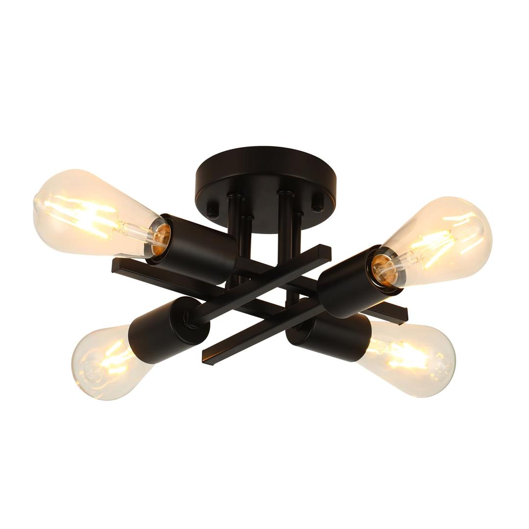 WILON Semi Flush Mount Ceiling Light Fixture, 4-Light Industrial Black Ceiling Light, Modern Sputnik Chandelier Small Ceiling Lamp for Kitchen Bedroom Living Room Dining Bathroom Laundry Hallway