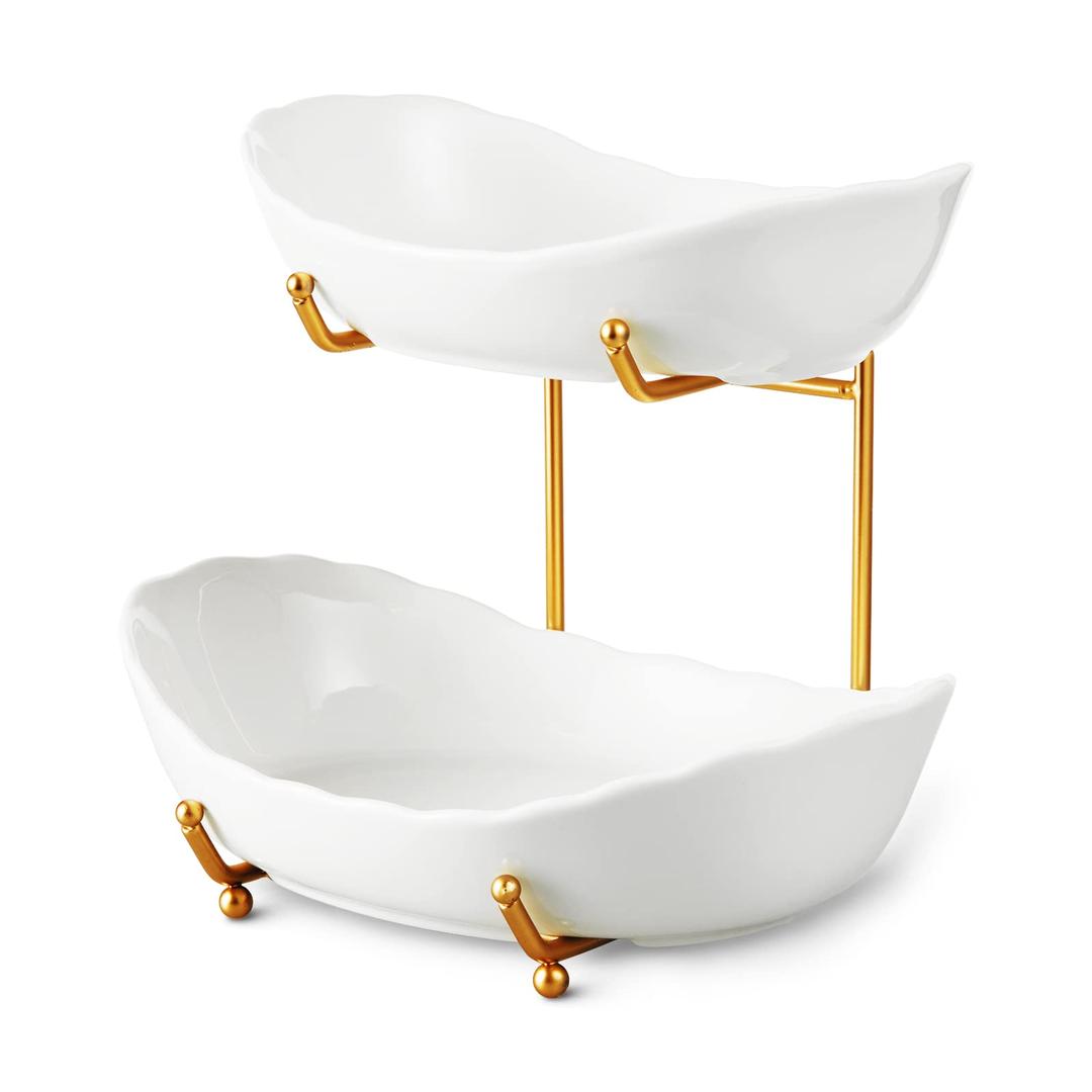 Fruit Bowl for Kitchen Counter - 2 Tier Ceramic Serving Bowls with Metal Stand, Tiered Fruit Basket for Fruit Vegetable Storage, Snack, Nuts, Cake, Dessert, Small & Cute (Gold&White)