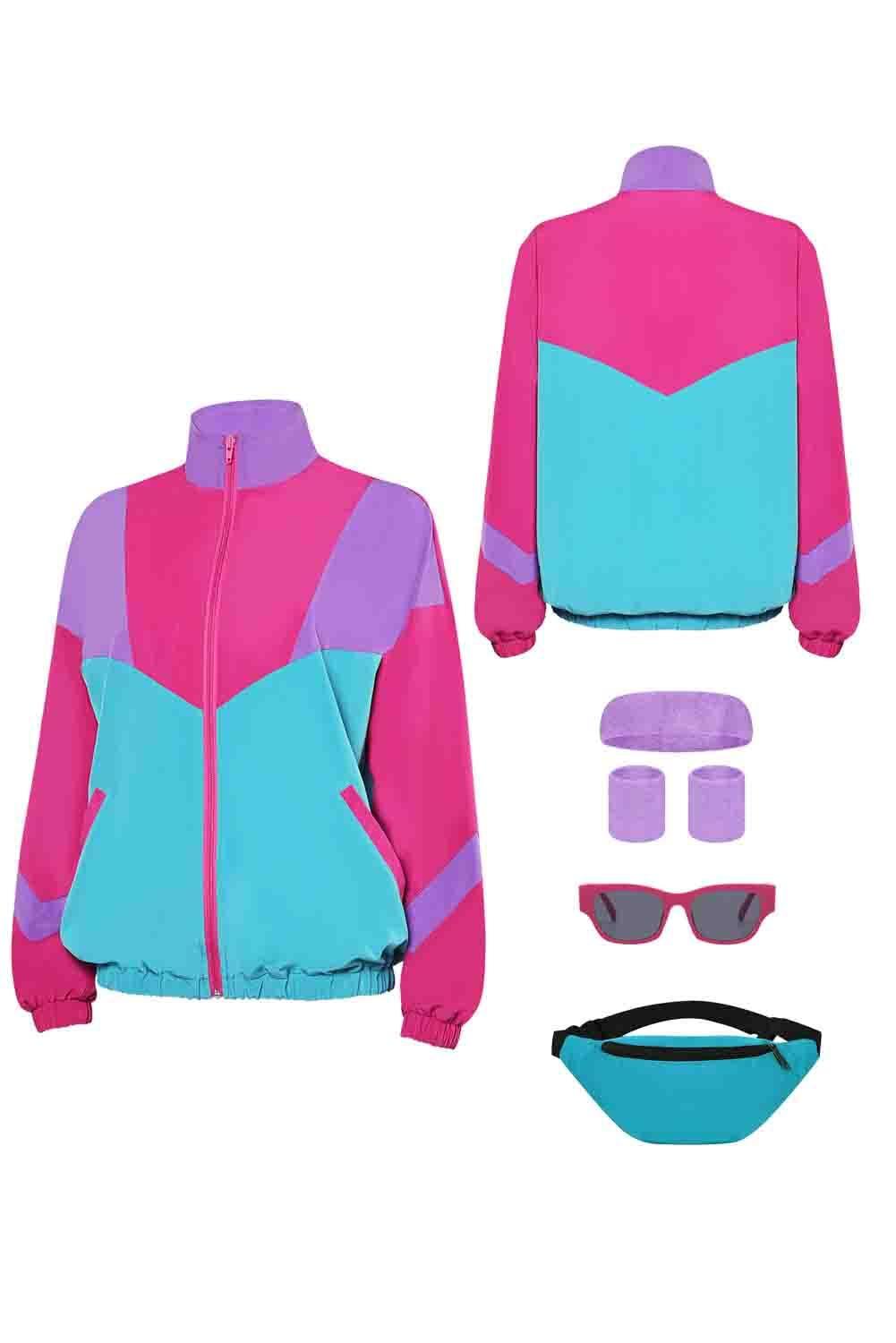 MASSWO80s Jacket Neon Color Block Bomber Jacket Patchwork Windbreaker Rave Tracksuit Casual Lightweight Jackets