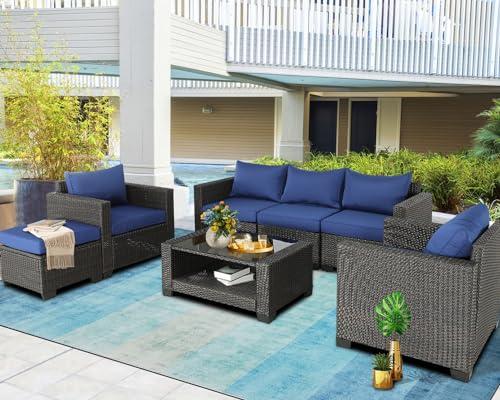 7 Pieces Outdoor Furniture Patio Furniture Sets Conversation Sets Balcony Furniture Outdoor Sectional for Outdoor Indoor Backyard Lawn Garden Porch Poolside (Brown/Navy Blue)